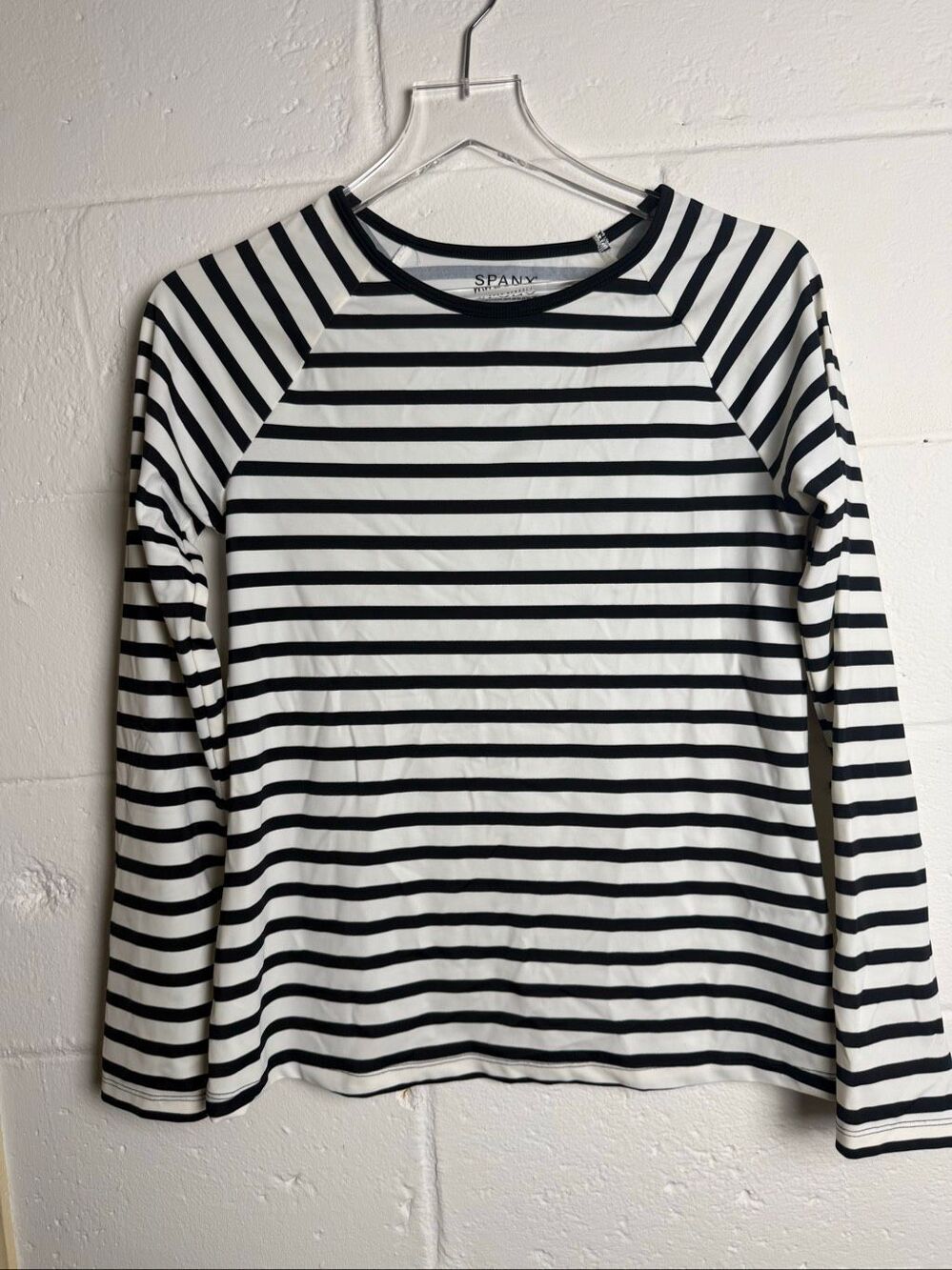 SPANX UPF 50+ Striped Rash Guard Swim Shirt White Black Long Sleeve M